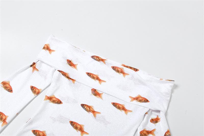 Schulterfreies, langärmliges Minikleid mit Goldfisch-Print