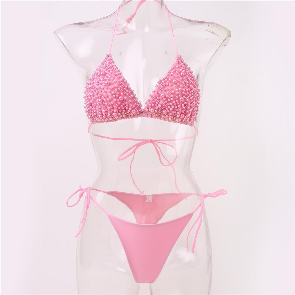 Traje de baño bikini con cuello halter de perlas, sin espalda, liso, con lazo