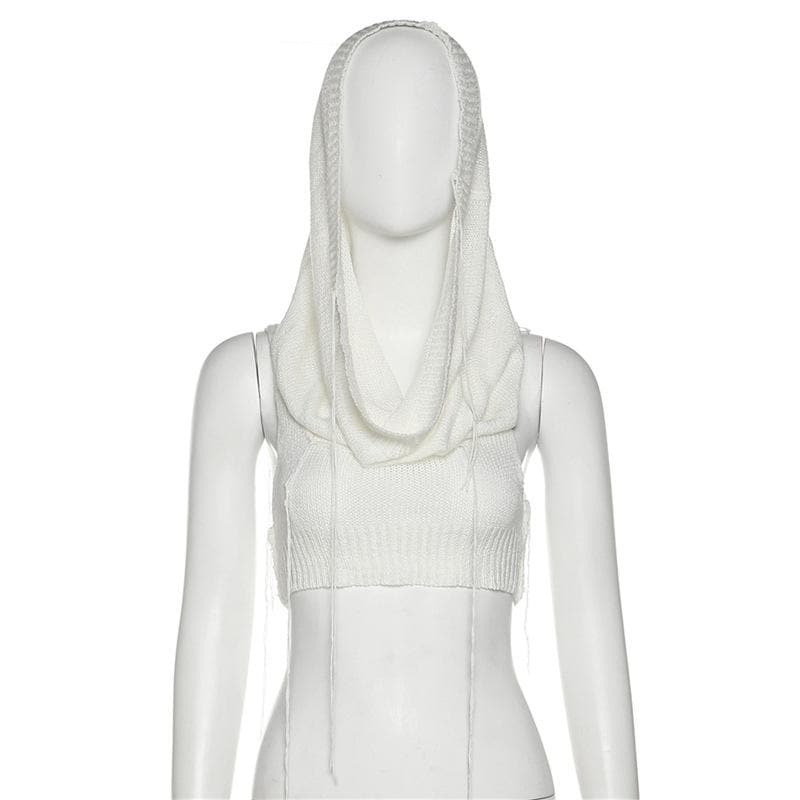 Solid sleeveless knitted stitch hoodie crop top