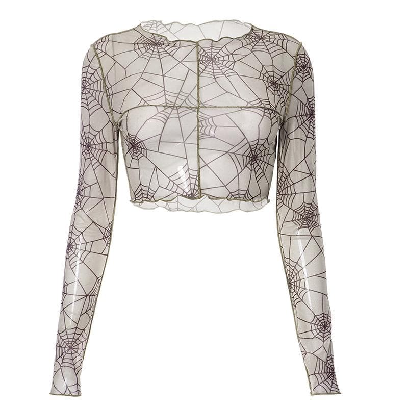 Langärmliges, transparentes Crop-Top aus Netzstoff mit Spinnennetz-Print