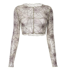 Langärmliges, transparentes Crop-Top aus Netzstoff mit Spinnennetz-Print