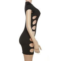 Crewneck cap sleeve hollow out solid mini dress