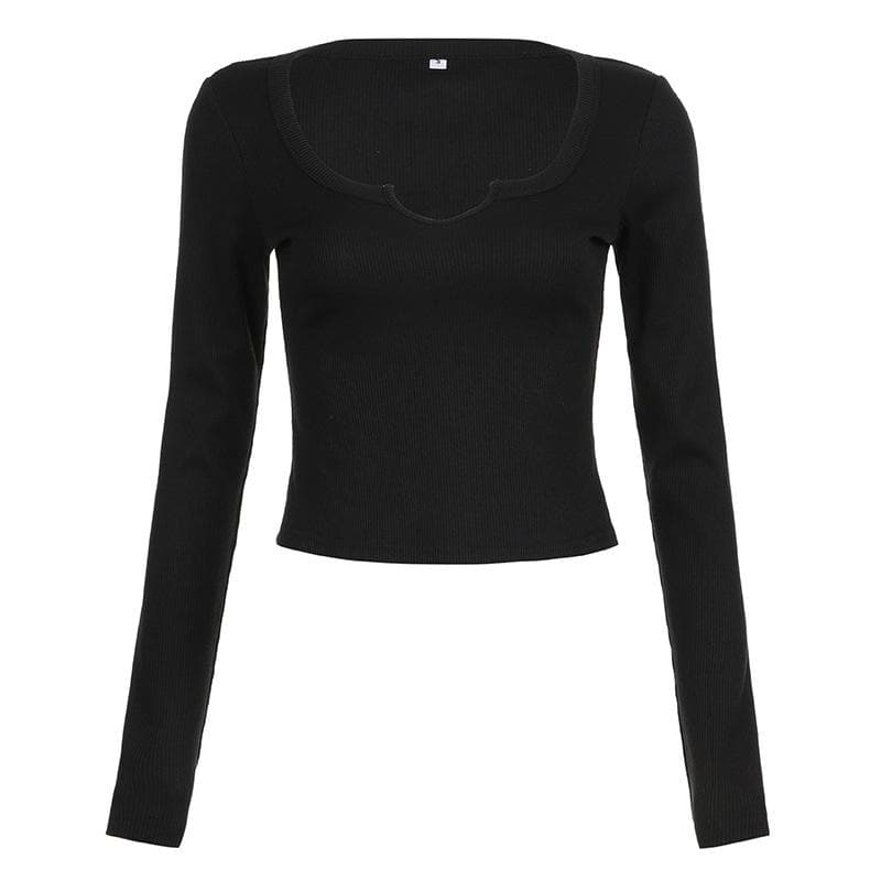 Ribbed notch neck solid long sleeve top