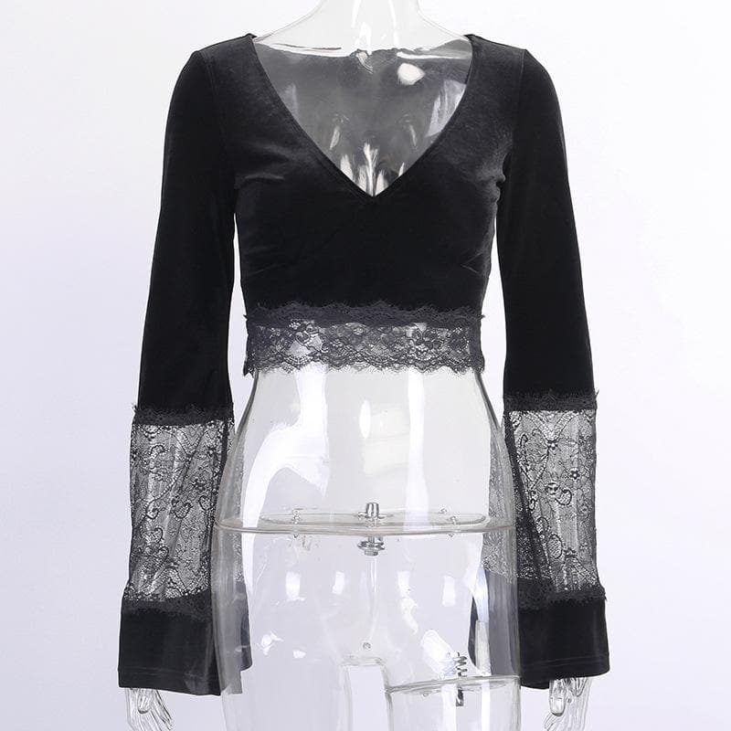 Lace patchwork v neck solid velvet long flared sleeve crop top