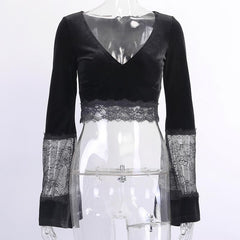 Lace patchwork v neck solid velvet long flared sleeve crop top