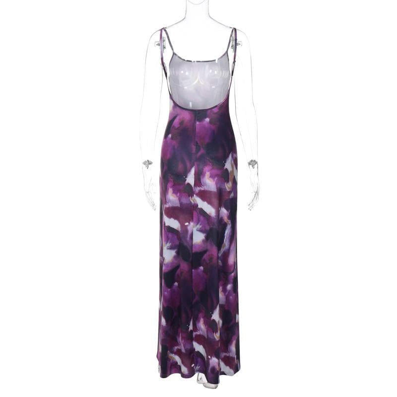 Tie dye square neck contrast backless cami maxi dress