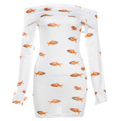 Schulterfreies, langärmliges Minikleid mit Goldfisch-Print