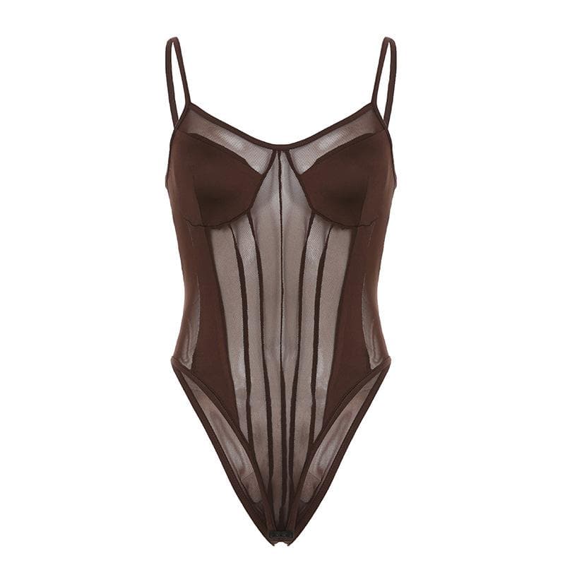 Rückenfreier Camisole-Bodysuit aus Mesh-Patchwork mit V-Ausschnitt