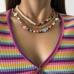 Collar de flores de 3 piezas con cuentas de arcilla multicolor 