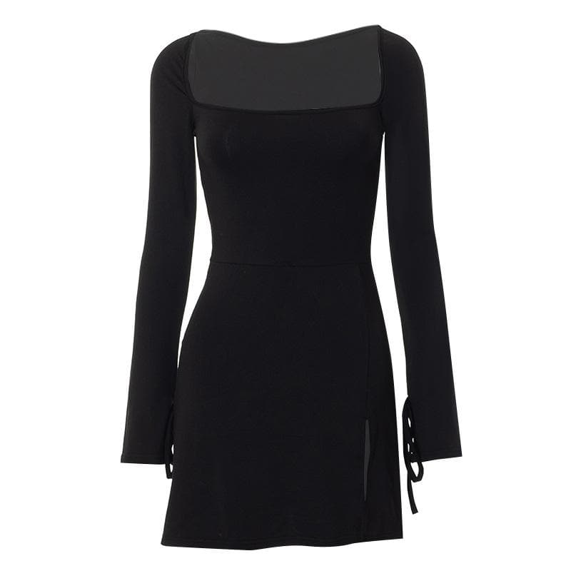 Long sleeve solid slit square neck self tie mini dress