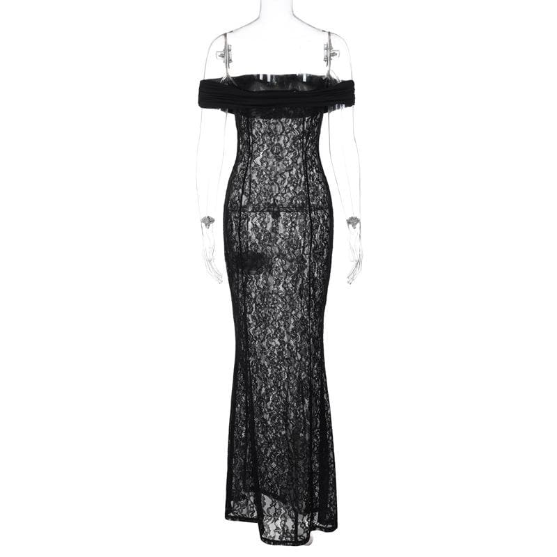 Lace off shoulder see through solid ruched maxi dress