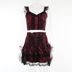 Lace hem ruffle lace up plaid smocked backless mini skirt set