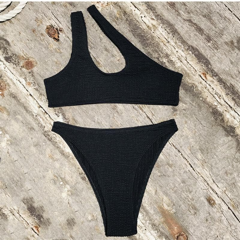 Traje de baño bikini irregular con textura de un solo hombro 