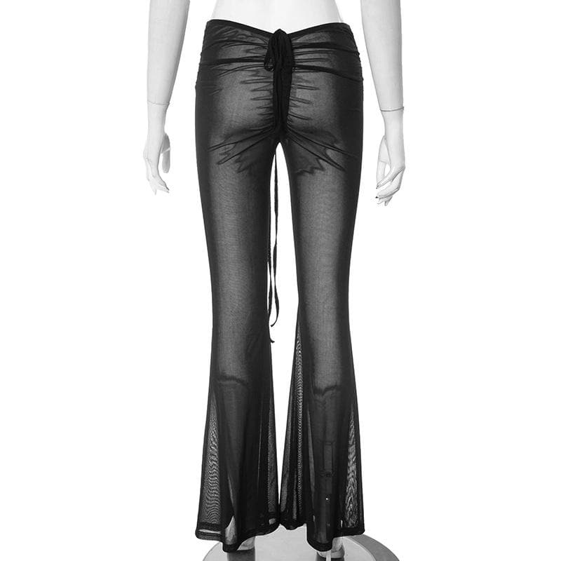 Ruched self tie low rise sheer mesh see through flared pant