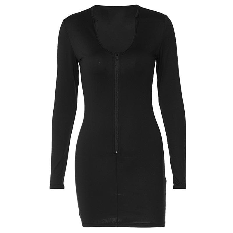 V neck low cut zip-up long sleeve solid mini dress - Final Sale