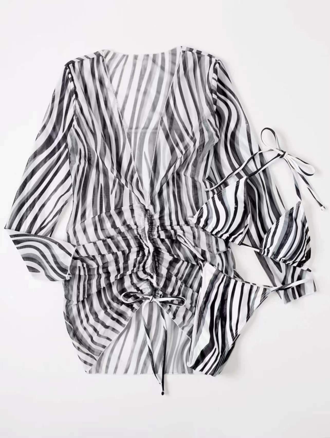 Zebra contrast long sleeve padded self tie 3 piece swimwear