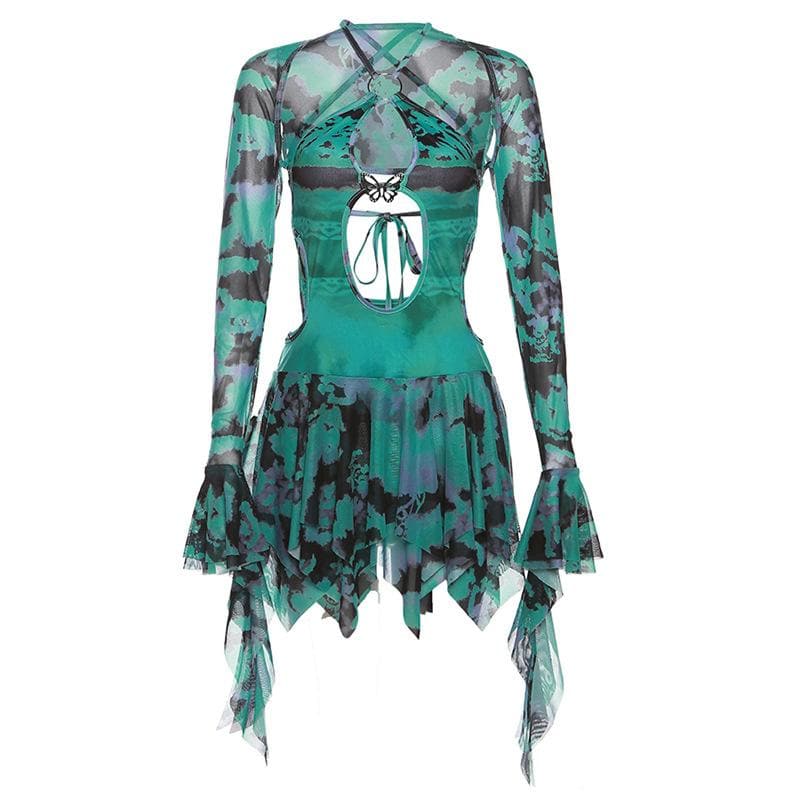 Tie dye ruched flared sleeve hollow out self tie shrug mini dress - Final Sale