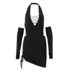 Neckholder-Minikleid mit Schnürhandschuhen und Kordelzug