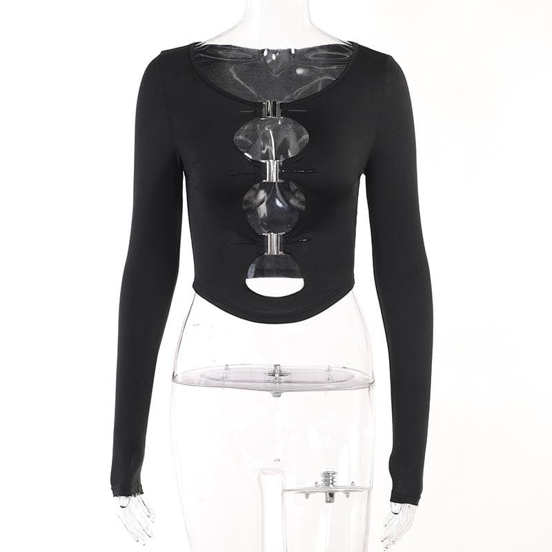 Buckle solid long sleeve hollow out round neck top