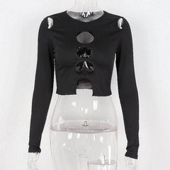 Hollow out long sleeve round neck solid crop top