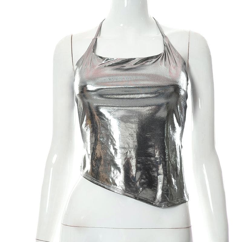 Rückenfreies Neckholder-Top zum Selbstbinden mit Schlitz in Metallic