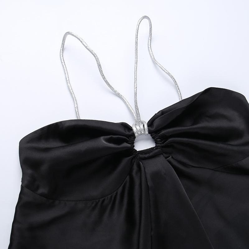 Ruched hollow out spaghetti strap satin backless crop top