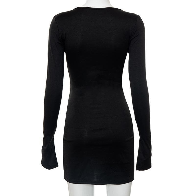 Long sleeve deep v neck slit solid mini dress