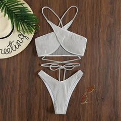 Cross front striped backless self tie bikini swimwear