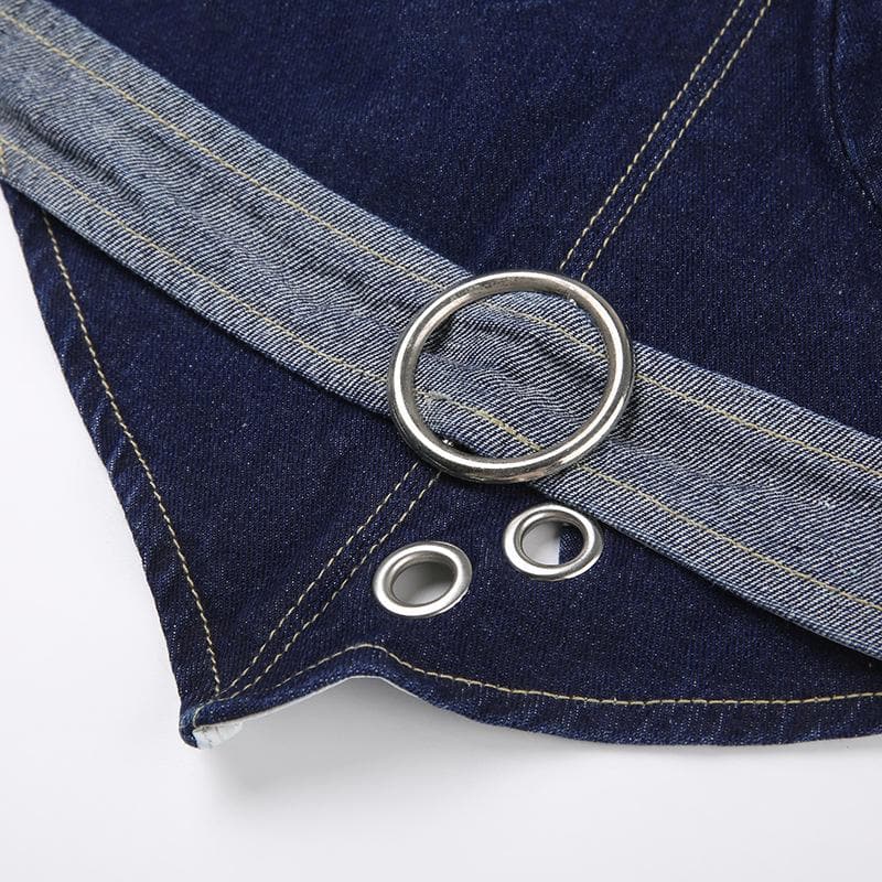 Rückenfreies, kurzes Jeans-Top mit V-Ausschnitt, Neckholder und Schnürung und kontrastierender Schnalle – Schlussverkauf