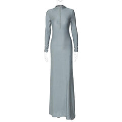 High neck long sleeve zip-up solid maxi dress