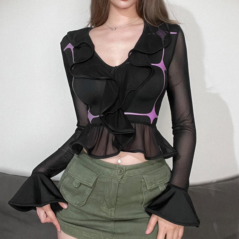 Crop Top mit V-Ausschnitt und langen Ärmeln aus Mesh-Kontrast-Rüschen-Patchwork – Schlussverkauf