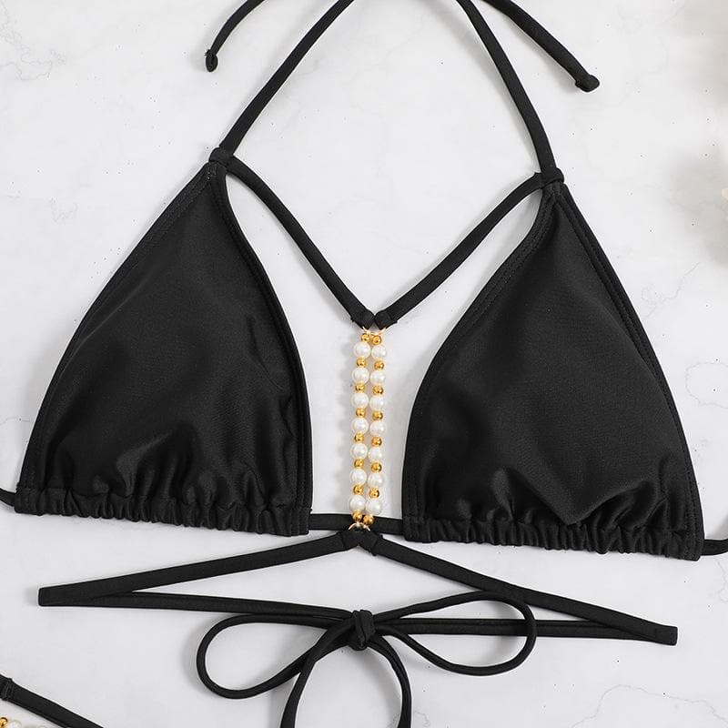 Traje de baño bikini liso sin espalda con cuello halter y cadena de metal con perlas