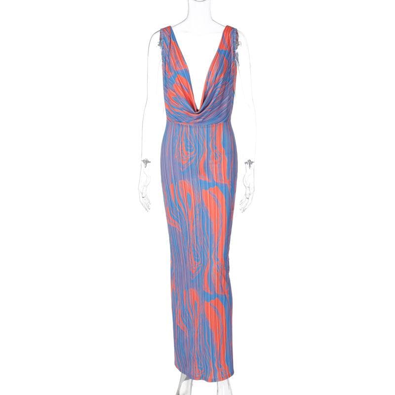 Contrast print cowl neck sleeveless backless maxi dress