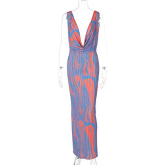 Contrast print cowl neck sleeveless backless maxi dress