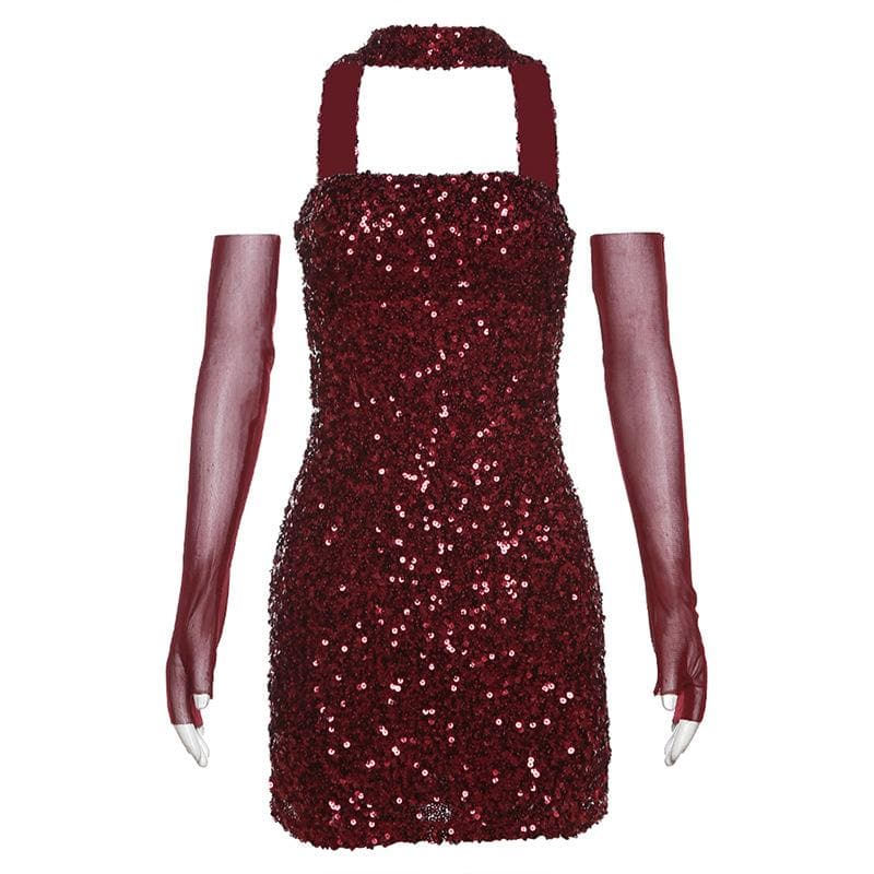 Glitter halter gloves mesh backless mini dress