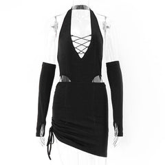 Halter lace up gloves drawstring hollow out mini dress