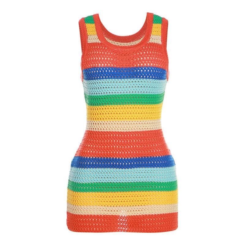 Vestido mini de crochet con rayas en contraste y cuello en U sin mangas 