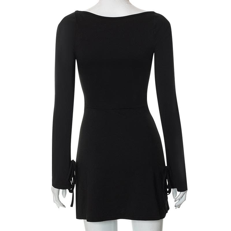 Long sleeve solid slit square neck self tie mini dress