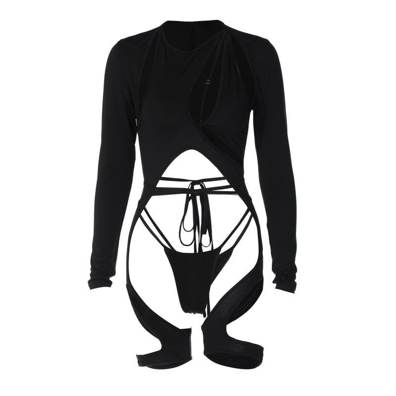 Long sleeve hollow out zip-up irregular solid top