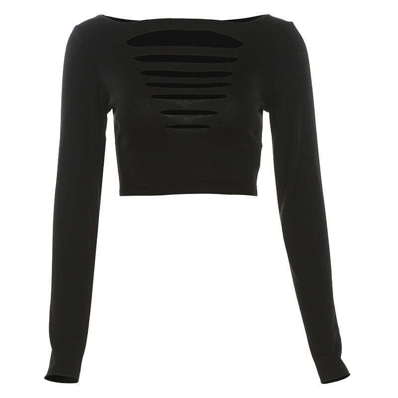 Hollow out solid long sleeve round neck crop top