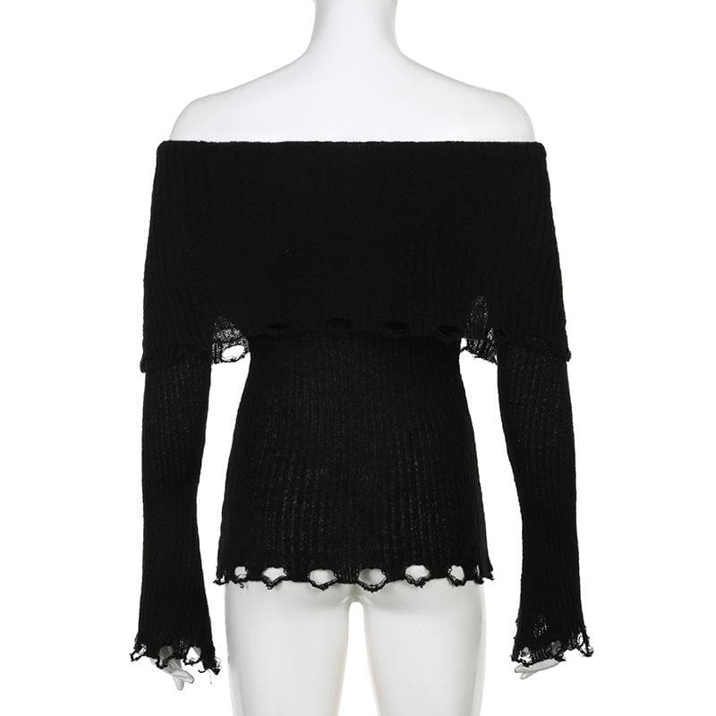 Crochet long sleeve hollow out off shoulder solid top