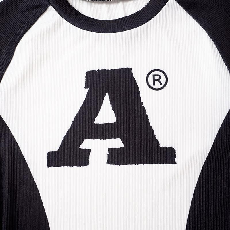 Ribbed contrast short sleeve "A" pattern crewneck top