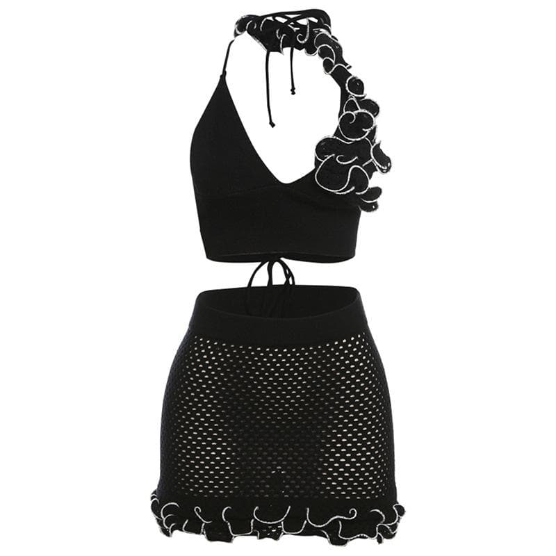 Crochet ruffle irregular halter contrast v neck backless mini skirt set