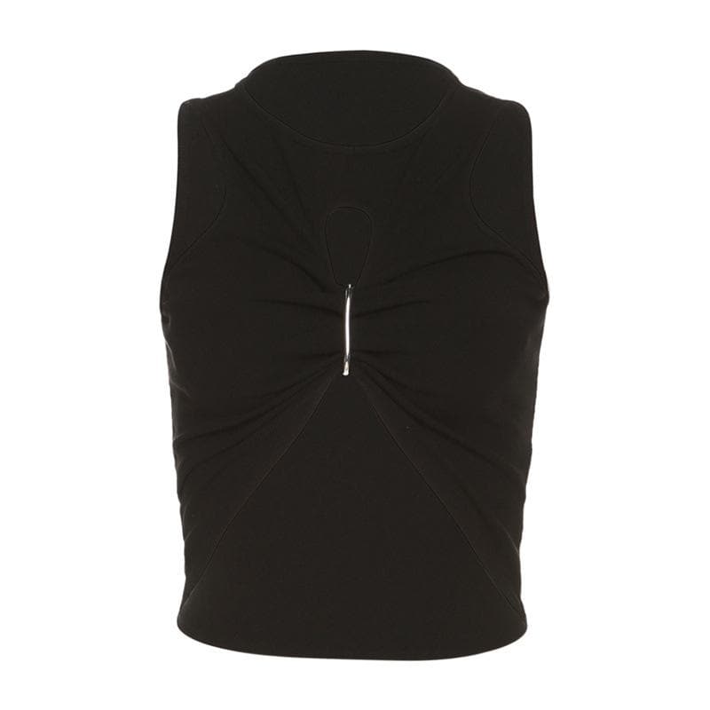 Hollow out sleeveless crewneck ruched solid crop top