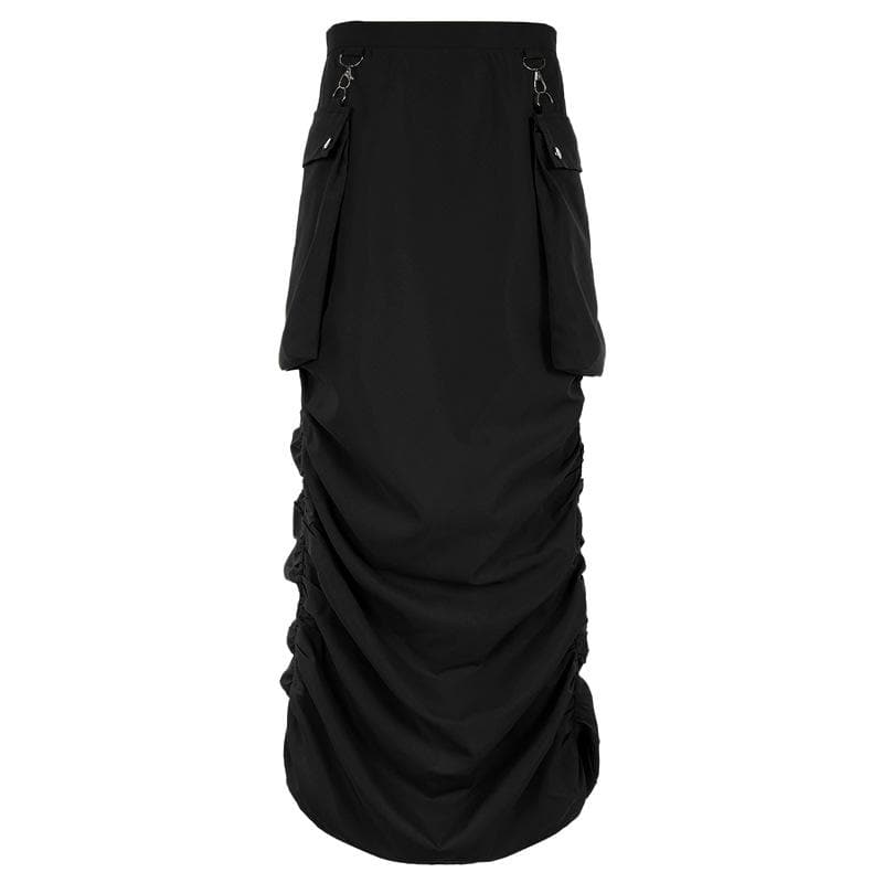 Ruched solid button cargo pocket zip-up midi skirt