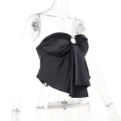 Ruched hollow out spaghetti strap satin backless crop top