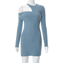 Irregular off shoulder ribbed solid ribbed long sleeve mini dress