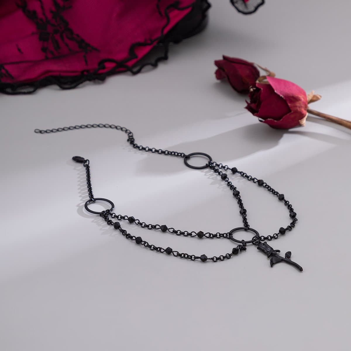 Rose pendant layered o ring chain choker necklace