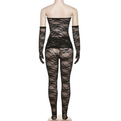 Lace see through gloves solid backless tube pant set