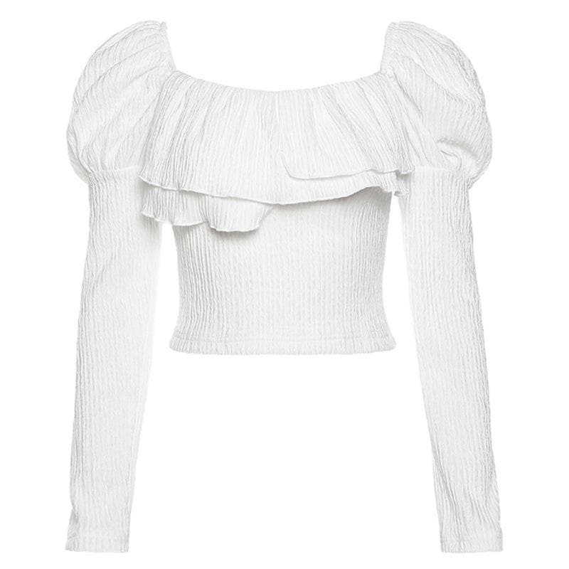 Textured ruffle long puff sleeve solid 2-way crop top